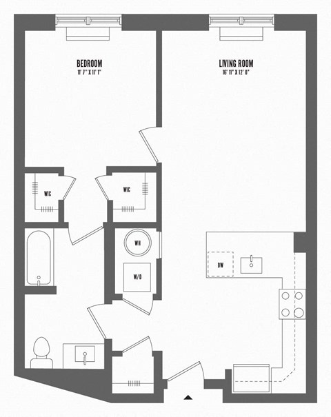 Floor plan for 1 bed, 1 bath, 735 sqft